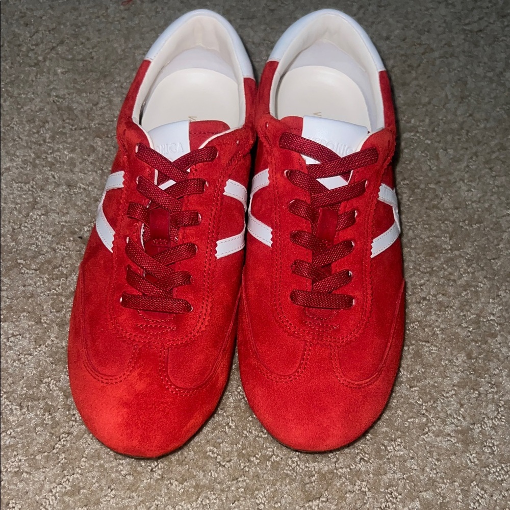 Veronica Beard Red and White Suede Sneakers